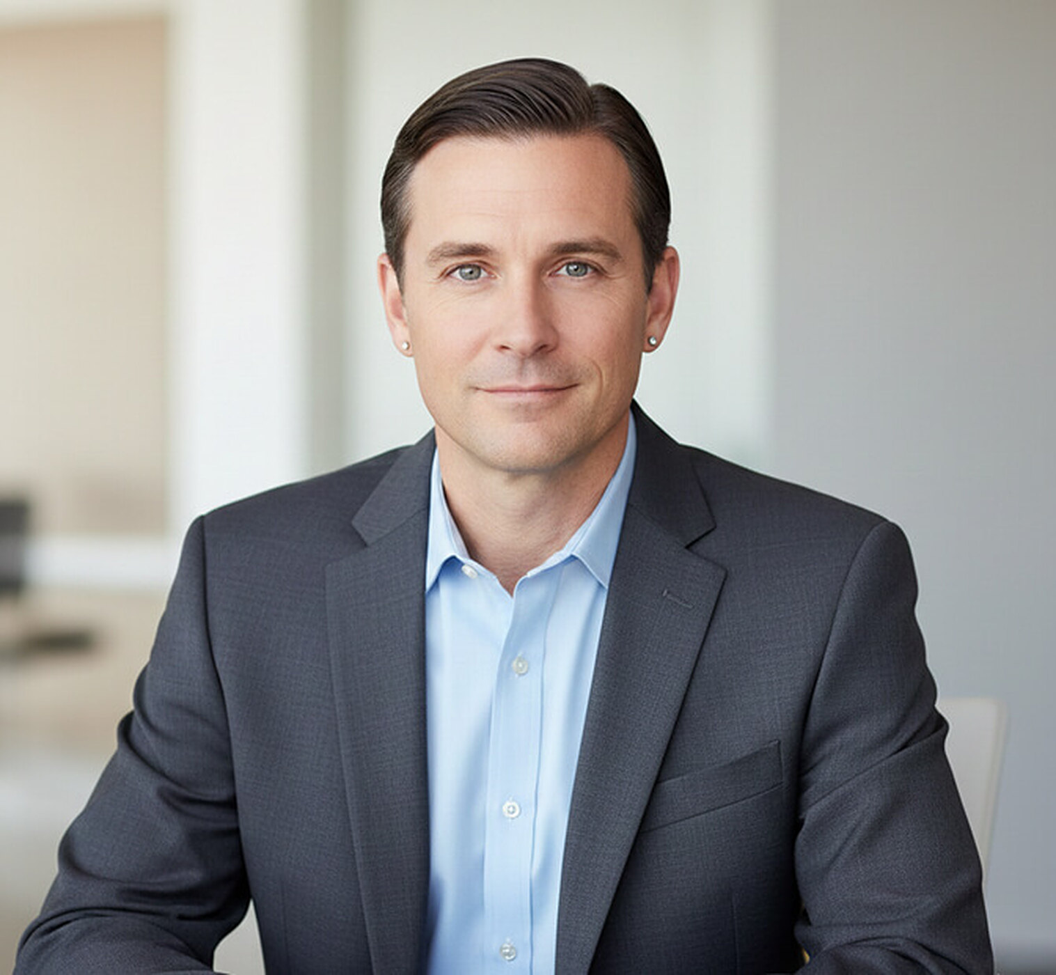 Man in a charcoal blazer and light blue shirt seated with his elbows resting on a desk, leaning slightly toward the camera in a bright office, an engaged seated corporate headshot pose.