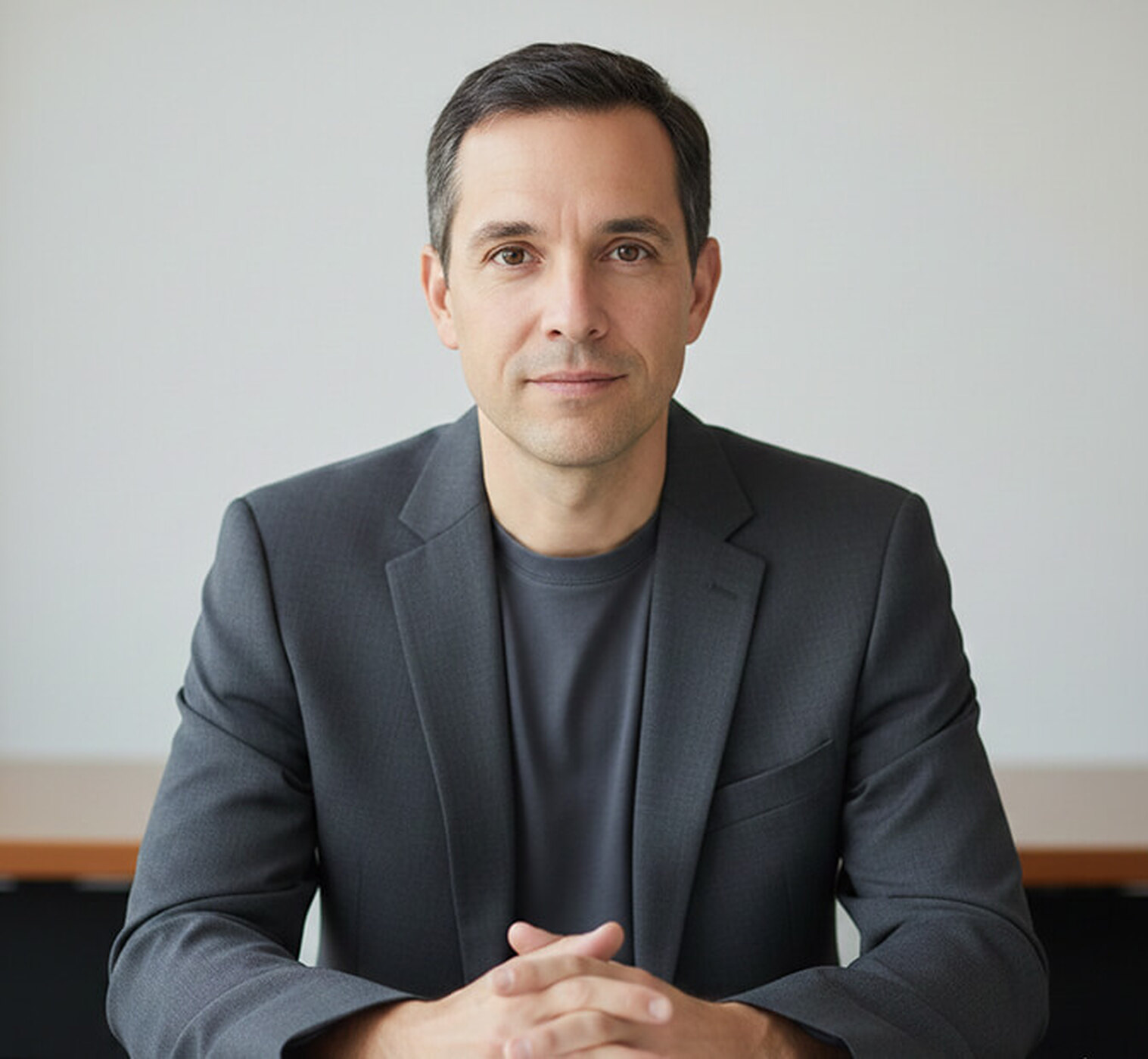 Man in a charcoal blazer over a grey crew-neck tee seated at a light wood table with his hands clasped on the surface, facing the camera with a calm expression, a seated corporate headshot pose.
