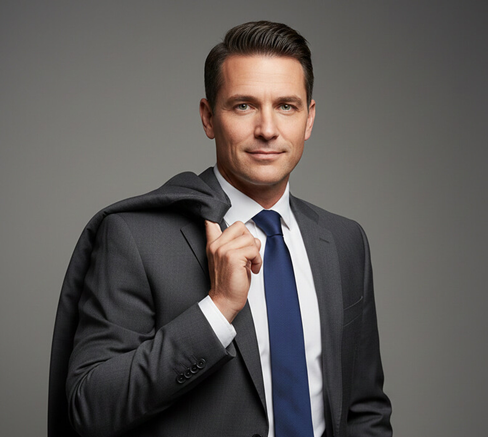 Man in a grey suit, white shirt and navy tie holding his suit jacket draped over one shoulder against a grey studio backdrop, an editorial corporate portrait pose.