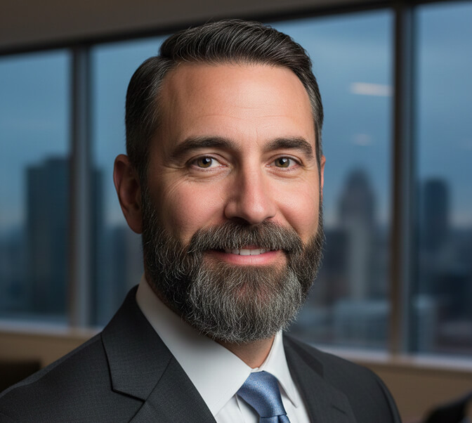 Professional headshot of man with a short boxed corporate beard showing clean cheek lines and defined jawline