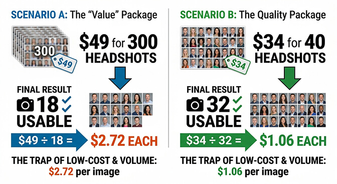 Chart showing cost per usable headshot calculation versus advertised sticker price