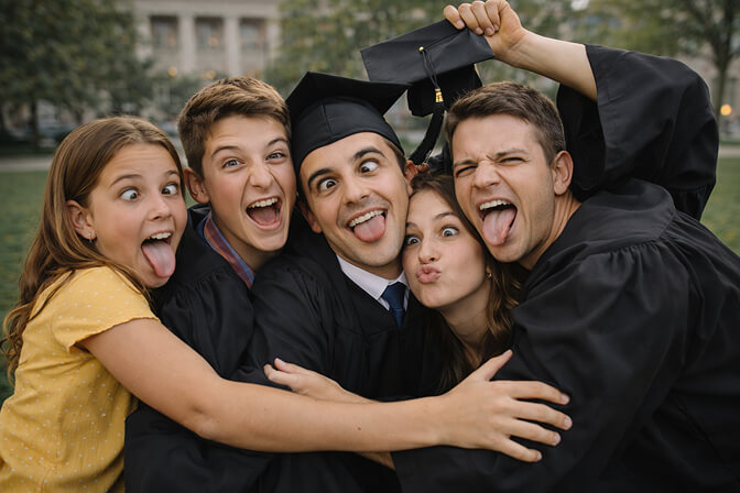 Group of cousins crowded together making silly faces with the graduate in cap and gown at center