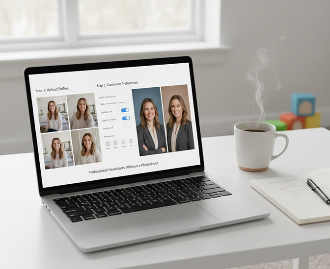 Image of a laptop displaying a step-by-step process for creating professional headshots without a photoshoot.