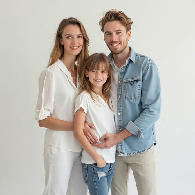 family portrait featuring a mother, father, and daughter dressed in casual white and denim outfits