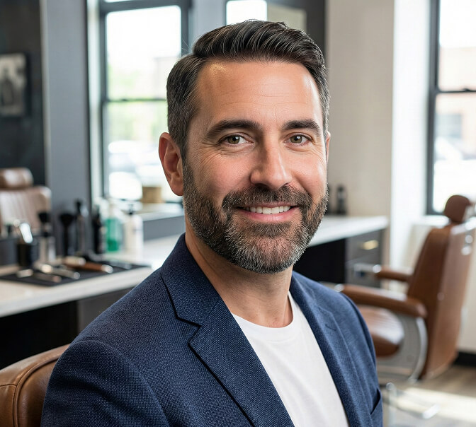 Professional headshot of man with designer stubble showing even 3-day beard growth