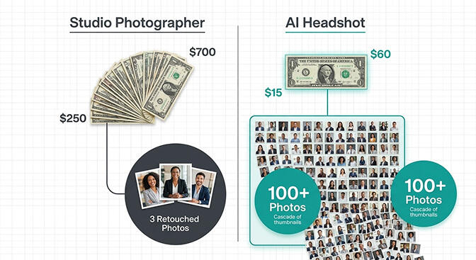 Cost comparison chart showing photographer headshot pricing from 250 to 700 dollars versus AI headshot generators at 15 to 60 dollars