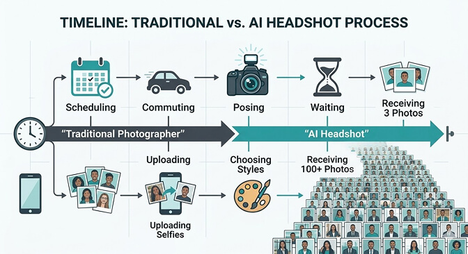 Comparison of traditional photographer headshot session experience versus AI headshot generator results showing cost and time differences