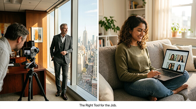 Decision guide showing when to hire a headshot photographer versus using AI for executives actors environmental portraits and personal branding