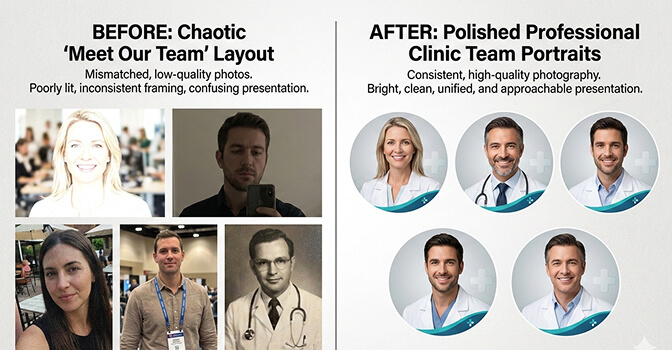Consistent doctor headshots with matching neutral backgrounds for a multi-physician practice team page