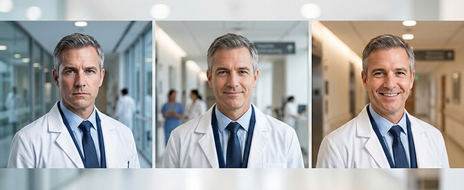 Doctor headshot showing the ideal competence-warmth balance with genuine smile and direct eye contact