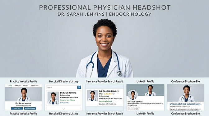 Doctor headshot displayed across practice website, hospital directory, LinkedIn, and insurance panel listings