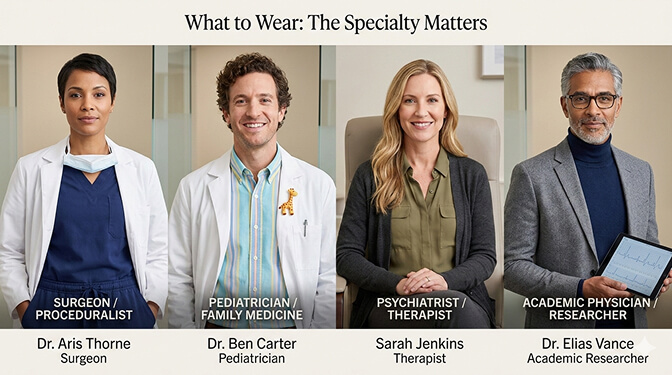 Doctor headshot attire guide showing white coat over business attire for different medical specialties