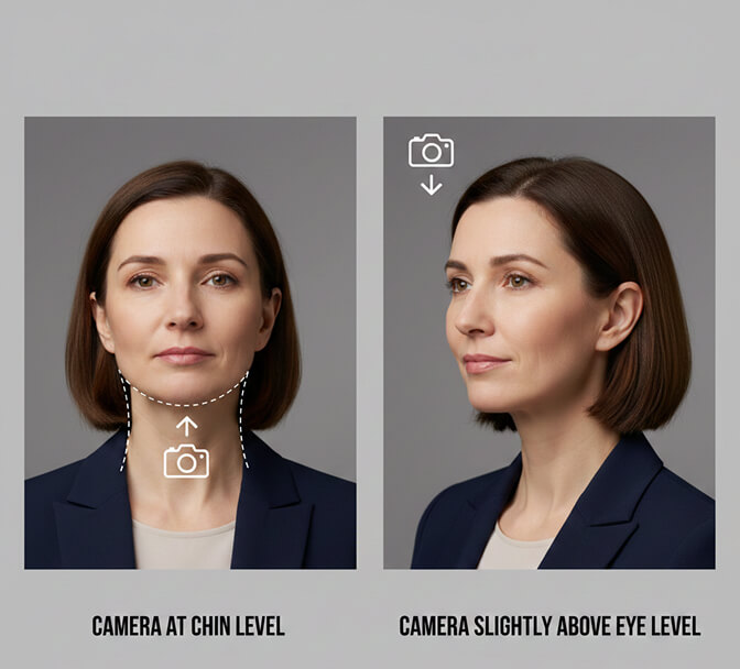 Comparison showing how camera angle creates or eliminates a double chin in headshots