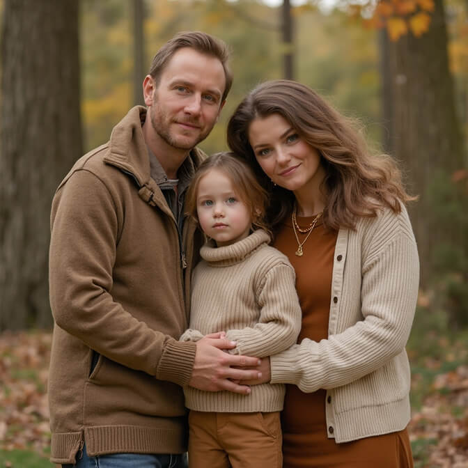 family portrait featuring earth tones and cream color scheme, with the father, mother, and child dressed in shades of brown and tan