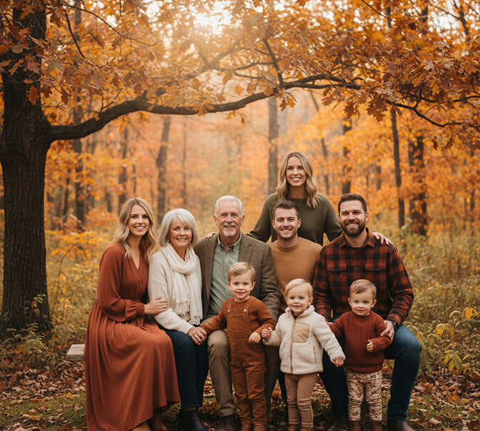Large family photo featuring earth tones and cream color scheme with multiple generations dressed in terracotta, olive, camel, and ivory tones