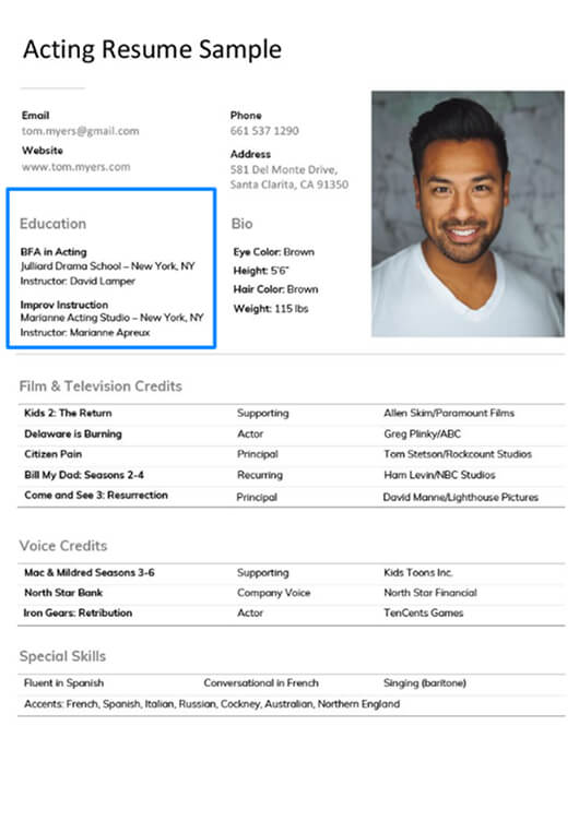 acting resume sample showcasing educational details for an actor.