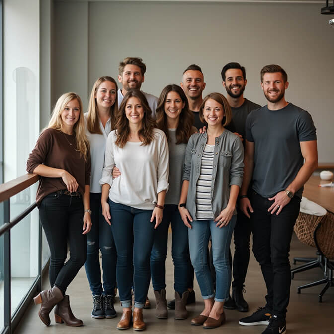 business team photo posing casually in a modern office setting
