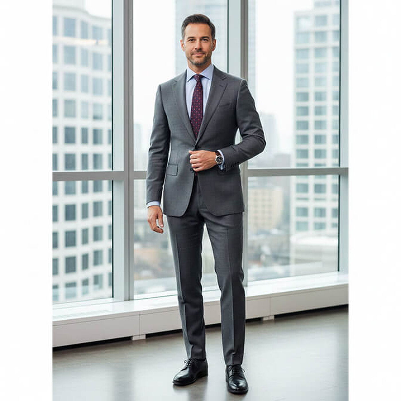 Executive in a tailored grey suit with a burgundy tie standing full length in front of floor-to-ceiling office windows overlooking a city, one hand fastening his jacket button, a formal senior leadership portrait pose.