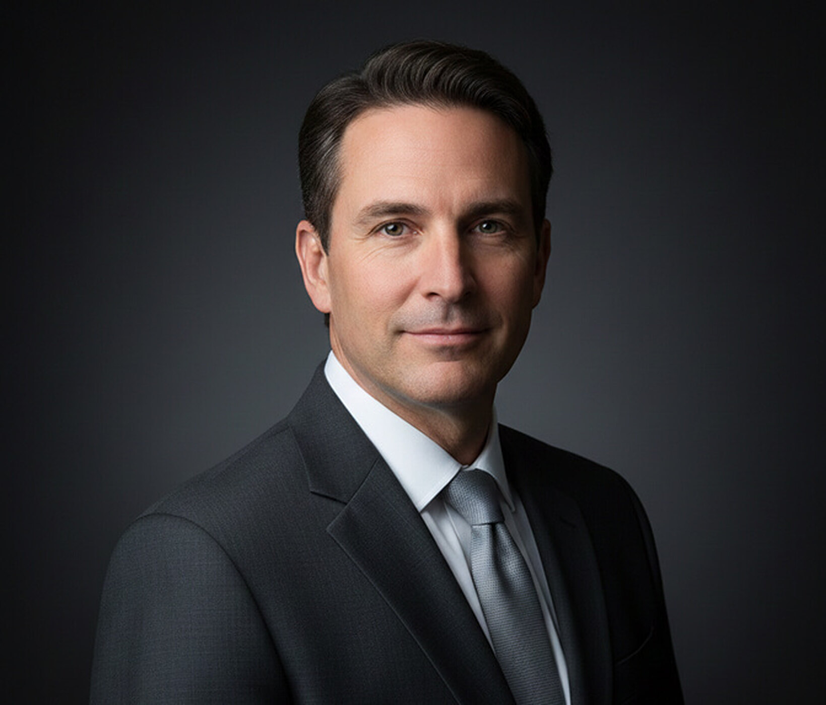 Executive in a charcoal suit, white shirt and silver tie with shoulders squared to the camera and a neutral expression, lit low-key against a near-black backdrop, an authoritative leadership headshot pose.