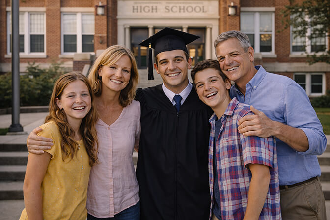 Family posing together in front of iconic university campus landmark building