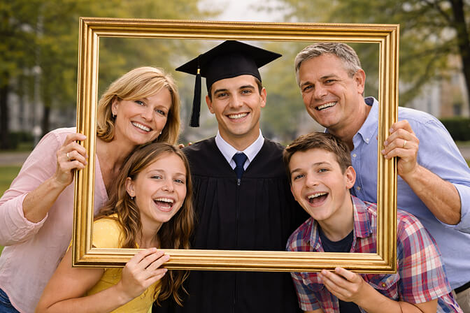 Family holding an empty picture frame around the graduate creating a framed portrait effect