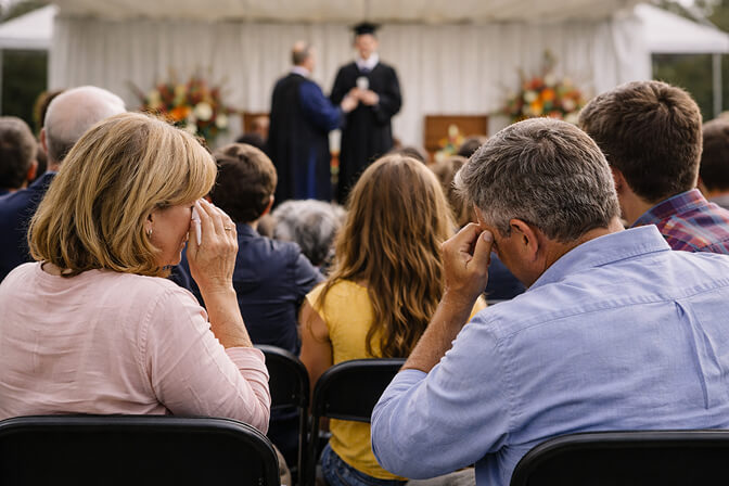 Family members in audience reacting emotionally as graduate walks across the stage