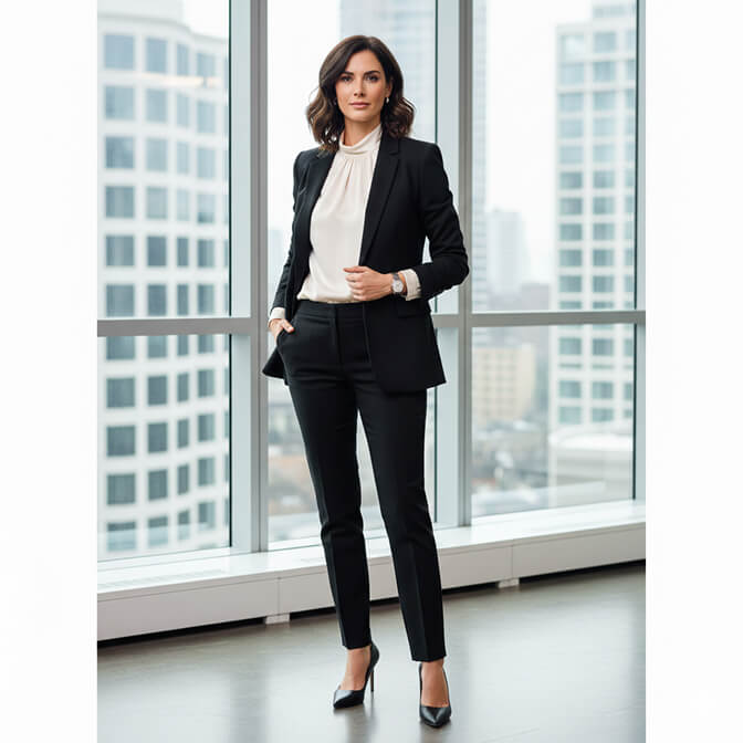 Female attorney in tailored dark blazer over solid blouse for professional headshot
