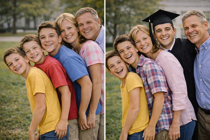 Side by side comparison of first day of school photo and graduation day recreation with same family pose