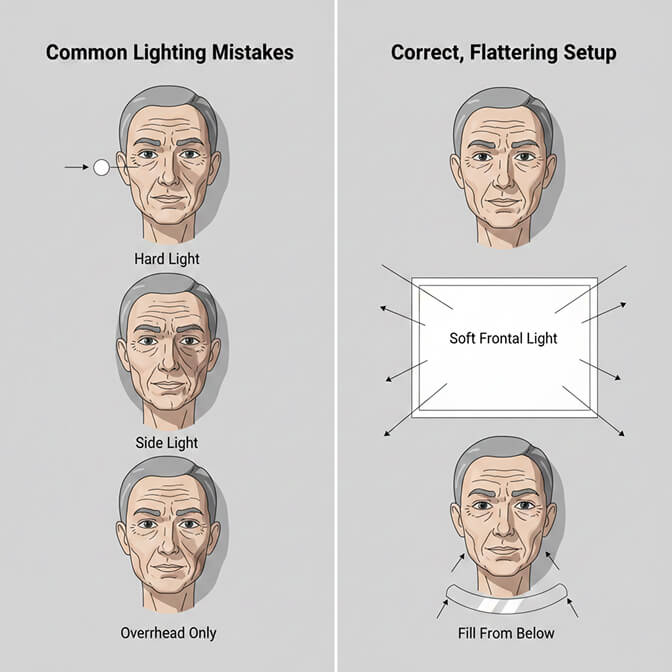 Professional headshot lighting setup showing soft frontal light with fill reflector for minimizing wrinkles