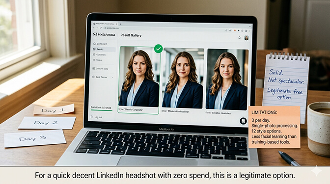 PixelPanda free AI headshot output from a single uploaded selfie