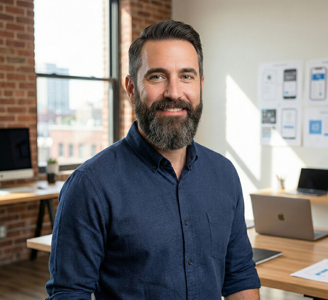 Professional headshot of man with a well-groomed full beard showing clean cheek lines and trimmed mustache