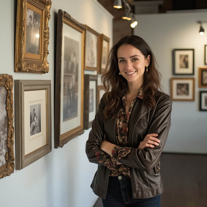 professional headshot in art wall or gallery inspired backdrop