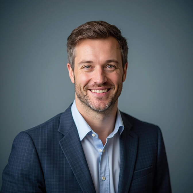 professional headshot on a gradient blue background