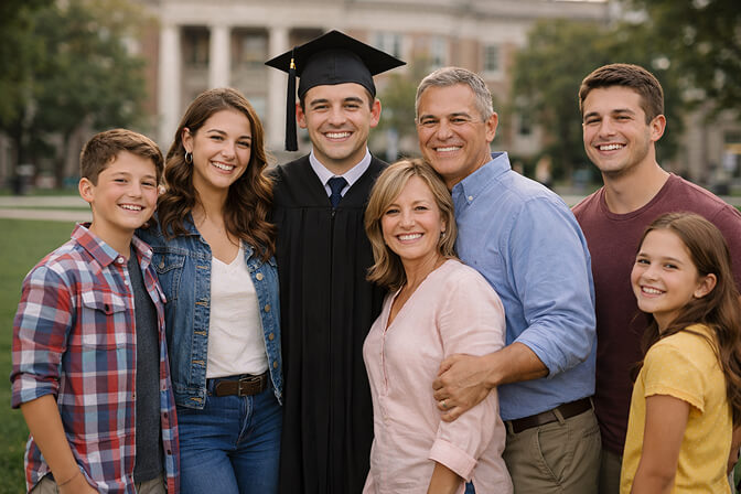 Graduate standing between both parents with arms around each other smiling at the camera
