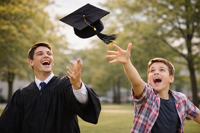 Graduate tossing cap in the air while family member reaches up to catch it