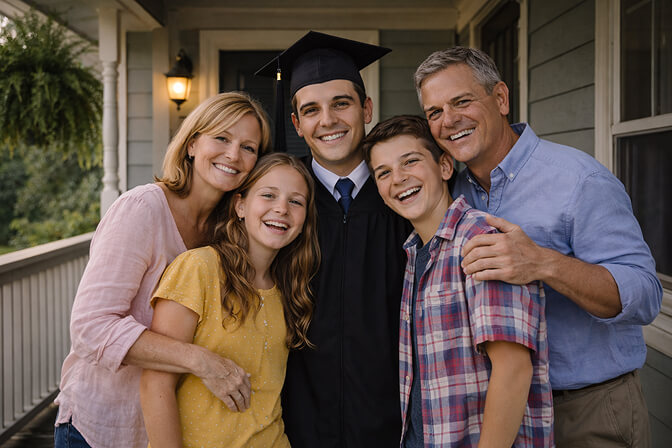 Graduate in cap and gown standing on childhood home front porch with parents in doorway
