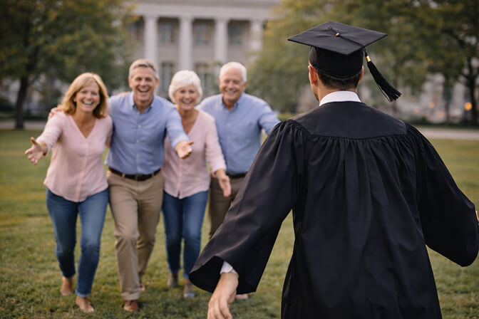 Graduate and family walking toward each other on open campus lawn with arms outstretched