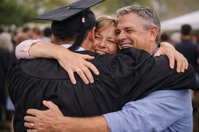 Graduate running toward family for first hug after ceremony with emotional expressions