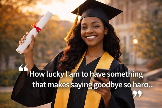 Graduate looking back at campus buildings with a reflective expression during golden hour