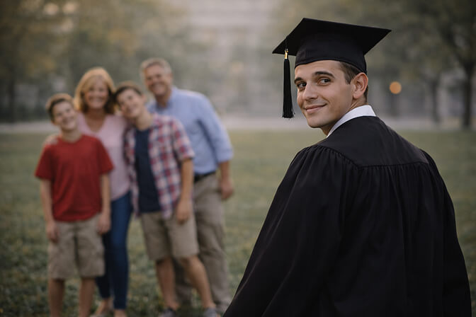 Graduate walking away from family on campus path looking back over shoulder with a smile