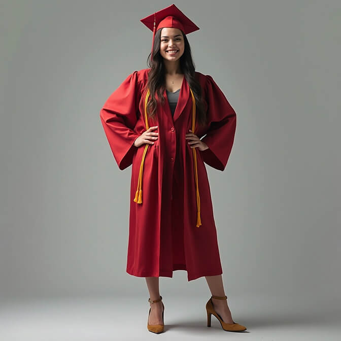 graduation headshot of a woman in a cap and gown with hands on her hips