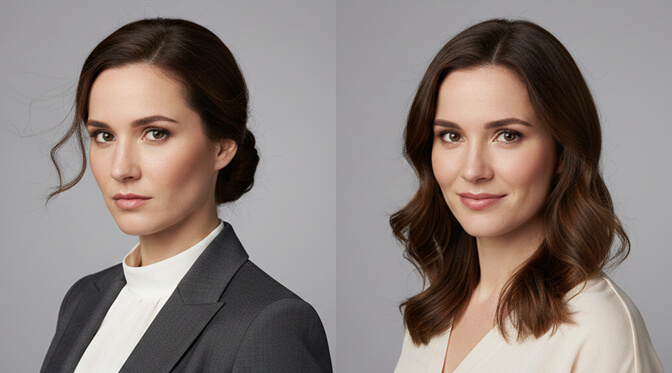 comparison of hair up and hair down professional headshots