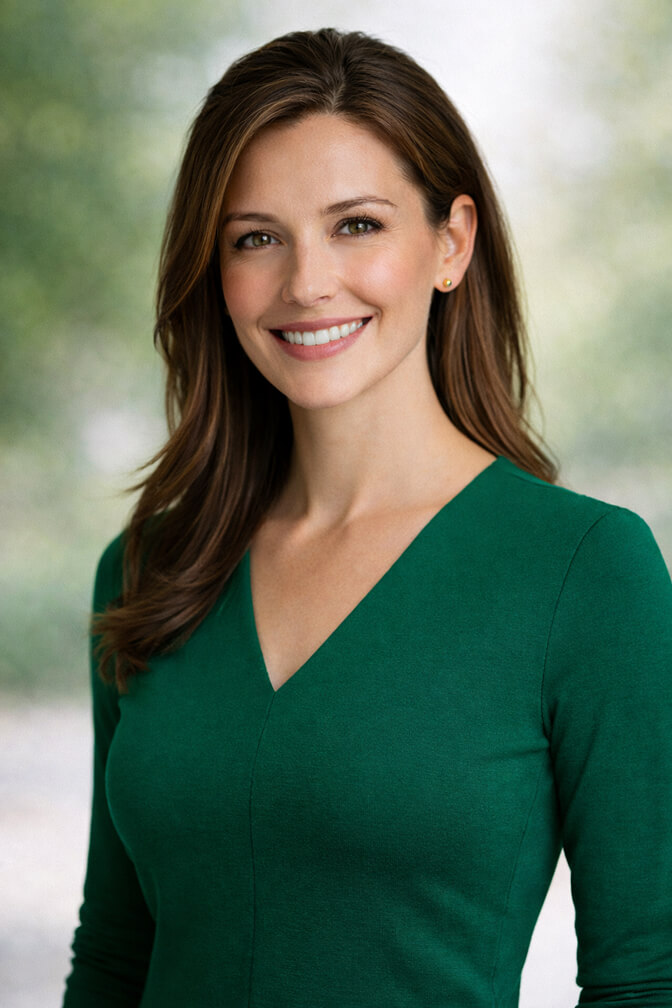 Professional headshot in a bold jewel tone top for real estate agents