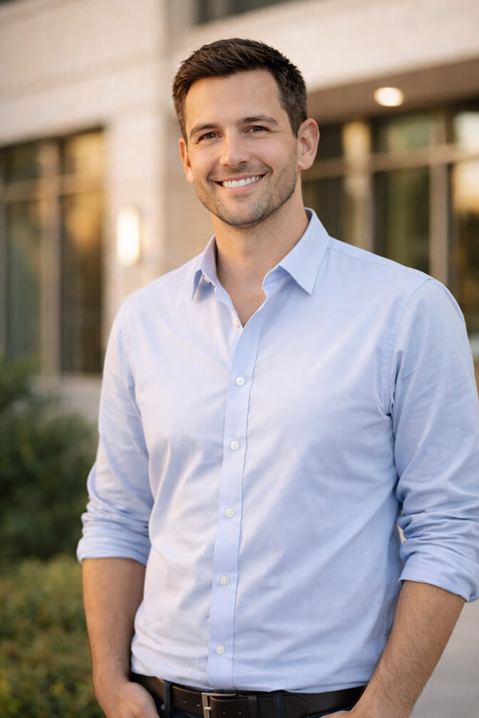 Professional headshot in a button-down shirt with rolled sleeves