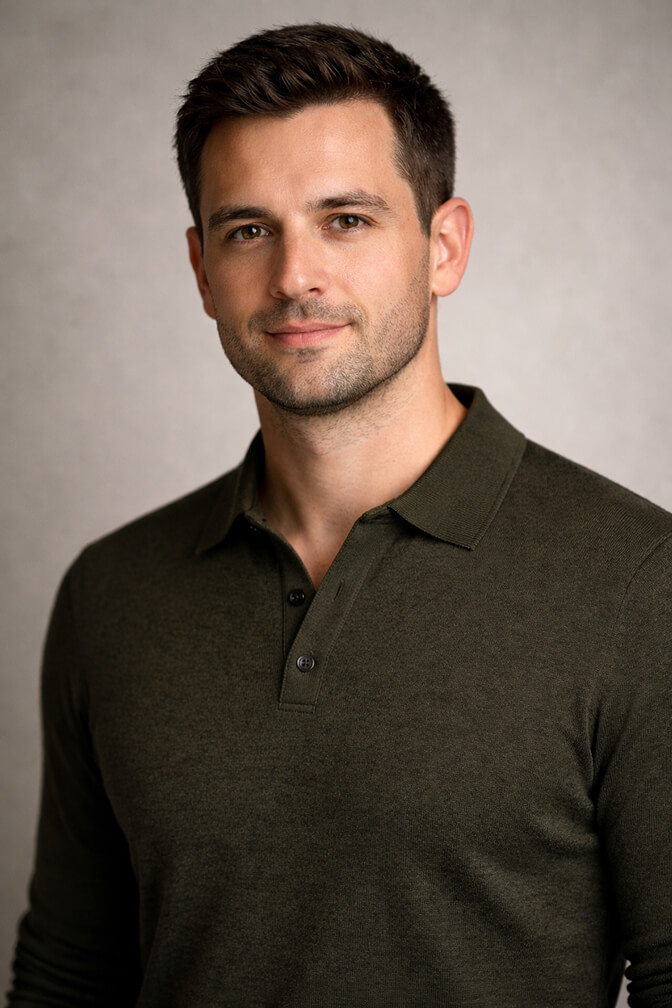 Professional headshot in a structured knit polo for a smart casual look
