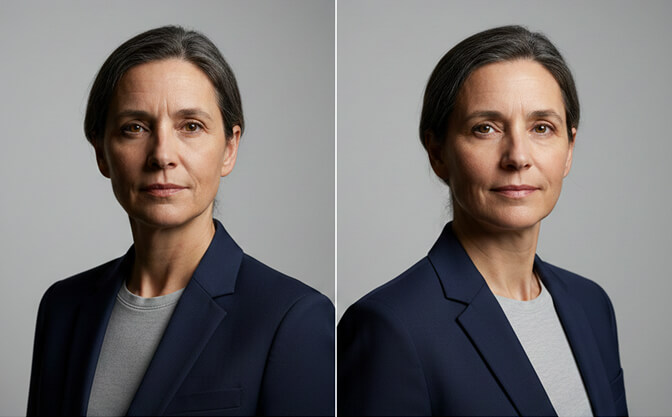 Diagram showing how light angle creates shadows in facial wrinkles making them appear deeper in headshot photos