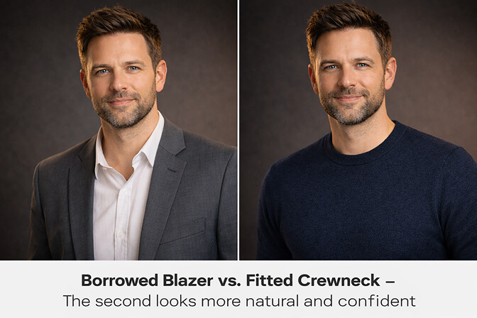 Professional headshot without a blazer showing a confident casual look