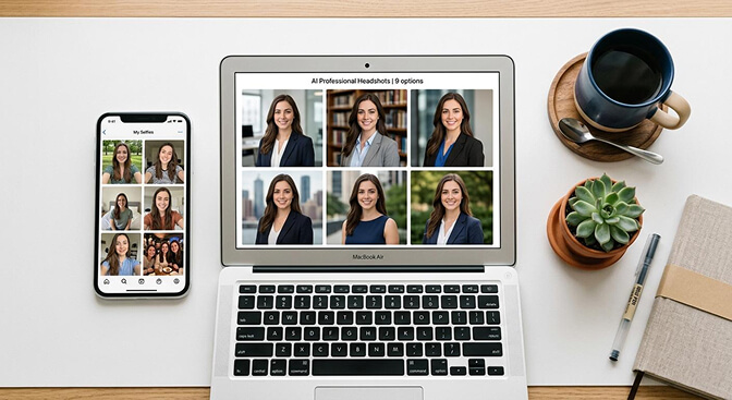 AI headshot generation process showing selfie upload to finished professional headshots in under 15 minutes for under 30 dollars