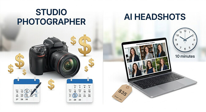 2026 cost comparison table showing photographer headshots at 150 to 500 dollars versus AI headshots at 10 to 40 dollars with time and output differences