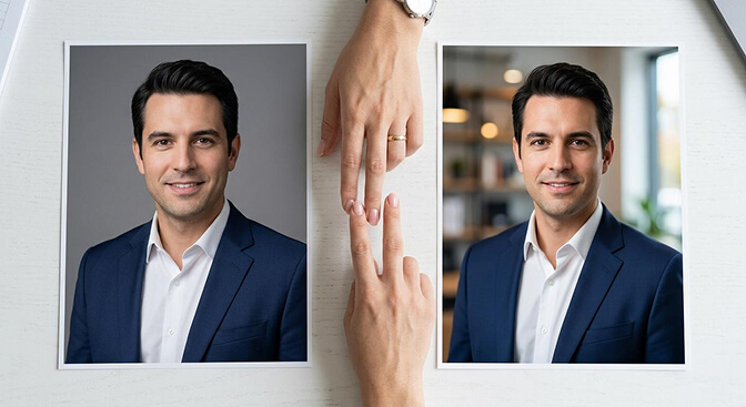 Blind test results showing colleagues could not reliably distinguish between AI generated and photographer headshots